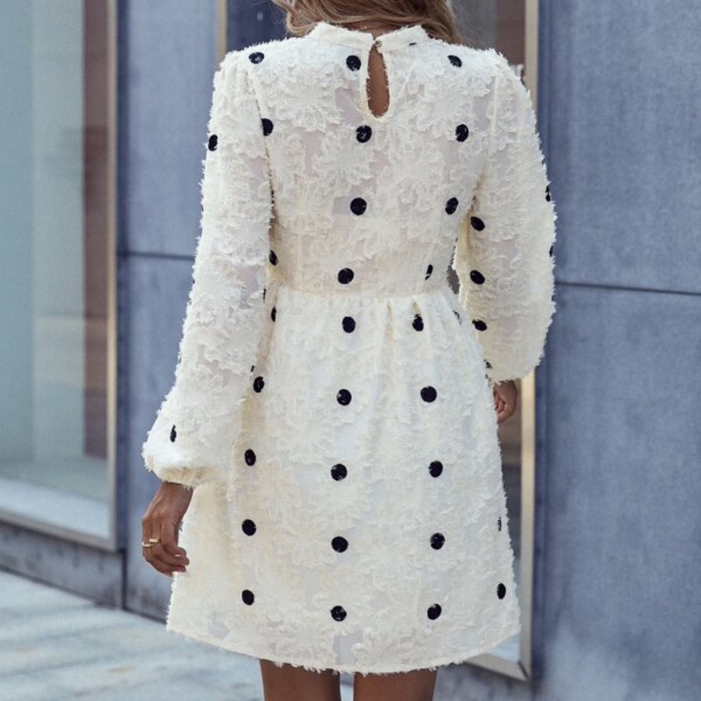 Boho Cream Fuzzy Floral Polka Dot Sheer Sleeve Mini Dress - Picture 3 of 5